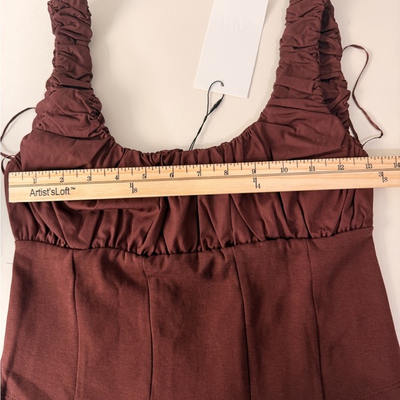 ZARA Chocolate Brown Cotton Corset Style Crop Top | Ruched Strap Bustier Top - Picture 4 of 5